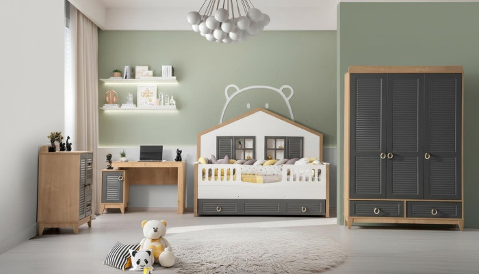 Luxurious Complete Children's Furniture Bed Wood Set 4-piece Children's Room Gray
