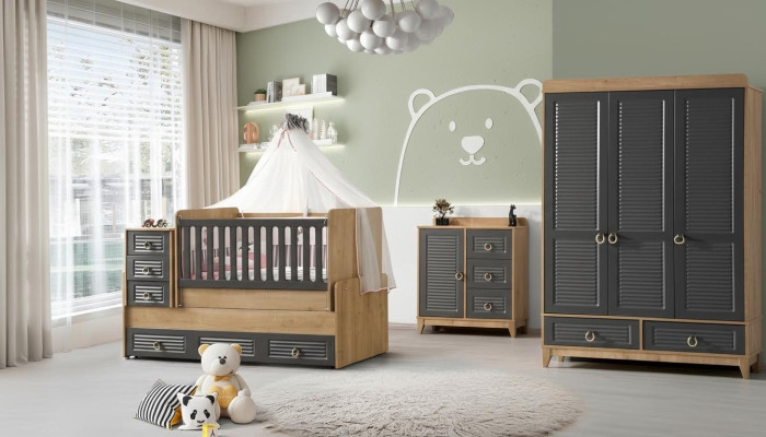 Stylish children's room furniture children's room children's bed grey wood set 4 pieces