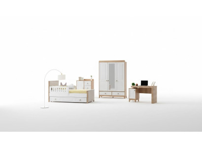 Modern children's room set: bed, wardrobe, dresser, desk, bright.