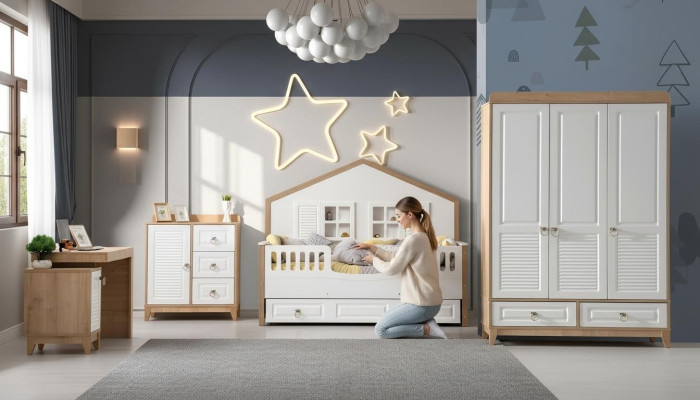 Modern children's room set bed wardrobe desk bright 4-piece new