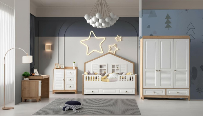 Modern children's room set bed wardrobe desk bright 4-piece new