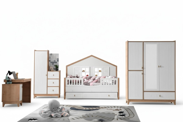 Stylish children's room set: bed, wardrobe, and table, bright 4-piece set