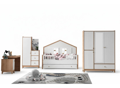Stylish children's room set: bed, wardrobe, and table, bright 4-piece set