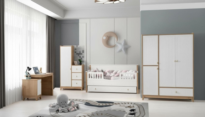 Stylish children's room set bed, 2x wardrobe, desk, white, 5-piece