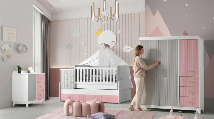 Luxurious children's room set 3-piece stylish dresser wardrobe bed multicolored