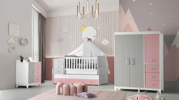 Luxurious children's room set 3-piece stylish dresser wardrobe bed multicolored