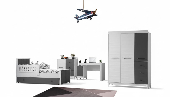 Modern children's room set consists of bed, wardrobe, chest of drawers, table, 4-piece set.