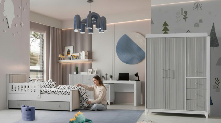 Children's room set: dresser, wardrobe, bed & desk