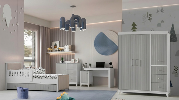 Children's room set: dresser, wardrobe, bed & desk