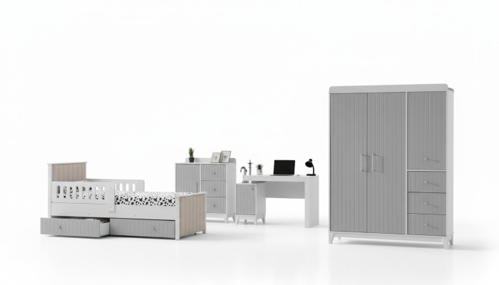 Children's room set: dresser, wardrobe, bed & desk