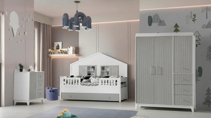 Stylish 3-piece children's room set: dresser, wardrobe, light bed
