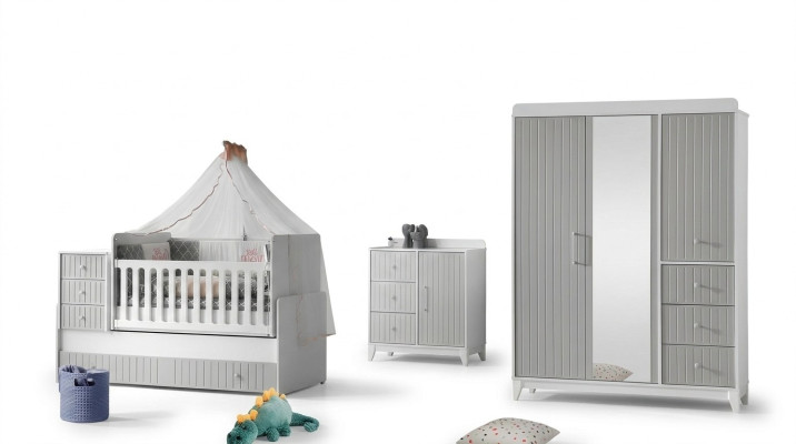 Complete set for children's room: dresser, wardrobe, children's bed, gray color