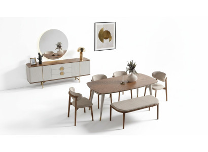 Perfect dining room set of dining table, 4x chairs, mirror, bench, 8-piece set.