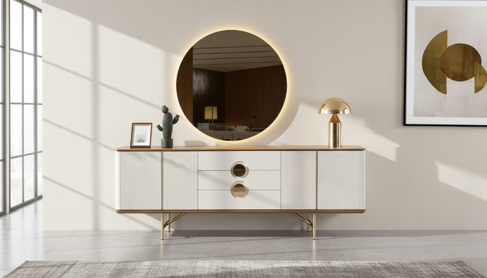 Perfect dining room set consists of beige sideboard and mirror, 2 pieces, new.