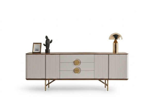 Perfect dining room set consists of beige sideboard and mirror, 2 pieces, new.