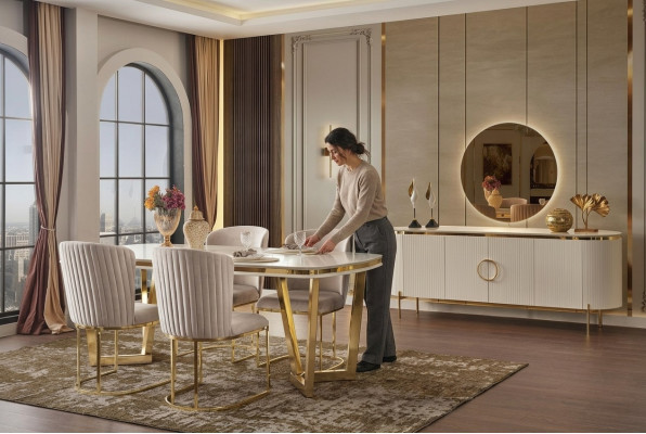 Dining room set consists of a designer dining table, 4 chairs, and sideboard, 7-piece.