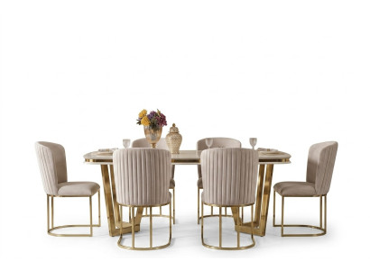 Dining room set consists of a designer dining table, 4 chairs, and sideboard, 7-piece.