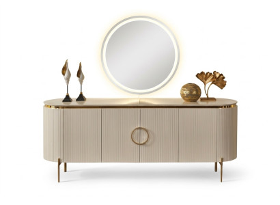 Consists of a dining room set consisting of a beige-colored sideboard and mirror.