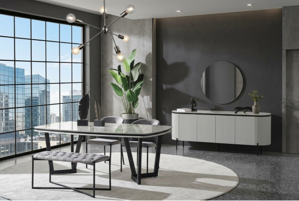 Modern dining room set consists of dining table, 4 chairs, and sideboard mirror.