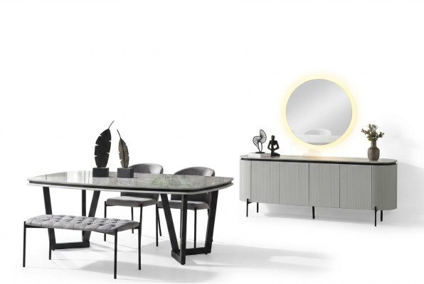 Modern dining room set consists of dining table, 4 chairs, and sideboard mirror.