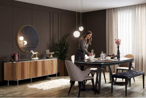Stylish 8-piece dining room set dining table 4x chairs sideboard mirror bench new