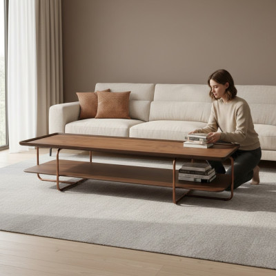 Brown living room wooden coffee table with stainless steel legs elegant sofa table