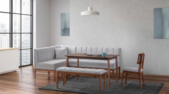 White-Brown Dining Room Set Stylish Wooden Table Upholstered Corner Bench New