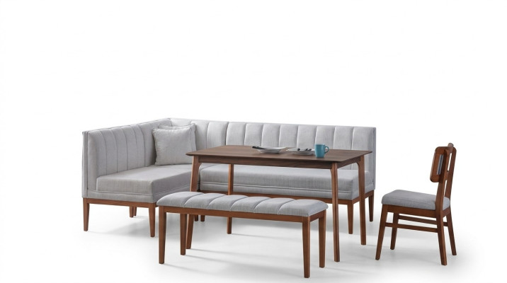 White-Brown Dining Room Set Stylish Wooden Table Upholstered Corner Bench New