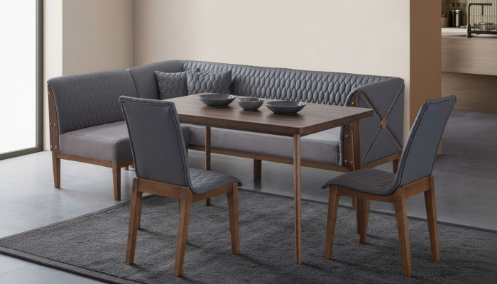 Stylish grey dining room set, brown dining table, 2 chairs, bench