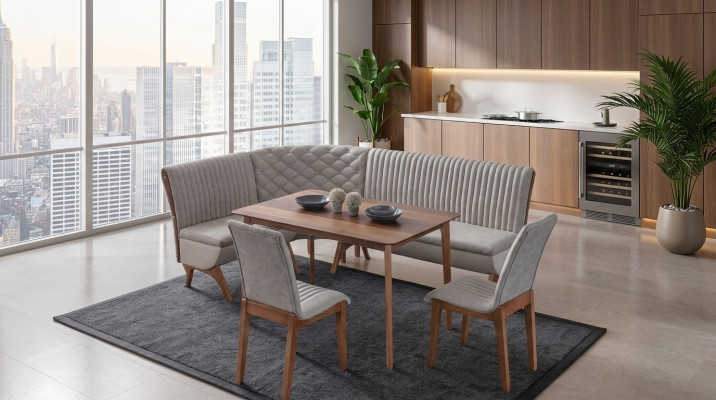 Designer light gray dining set upholstered corner bench 2x chairs dining table