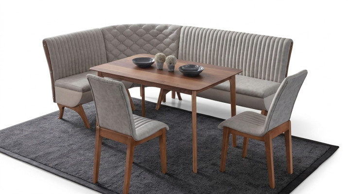 Designer light gray dining set upholstered corner bench 2x chairs dining table