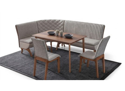 Designer light gray dining set upholstered corner bench 2x chairs dining table