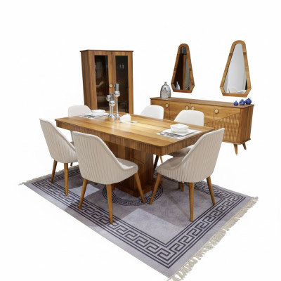 Exclusive light brown dining set wood dining table 6x chairs sideboard