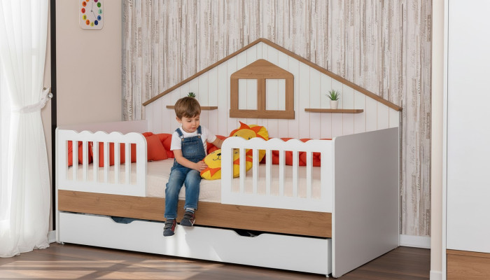 White children's house bed, designer wooden bed, sturdy children's room furniture