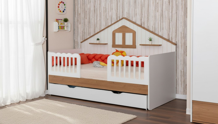 White children's house bed, designer wooden bed, sturdy children's room furniture