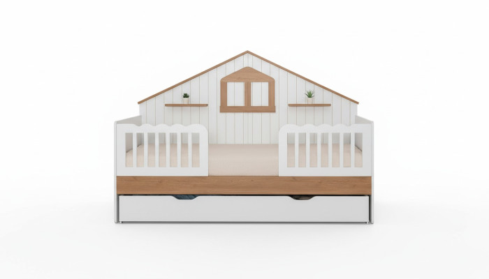 White children's house bed, designer wooden bed, sturdy children's room furniture