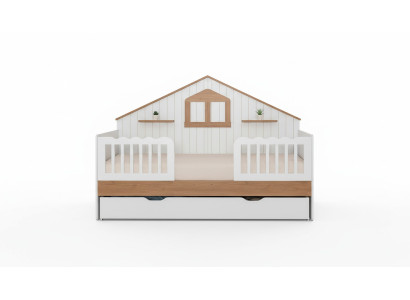 White children's house bed, designer wooden bed, sturdy children's room furniture
