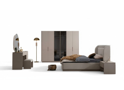 Designer beige bedroom set bed 2x nightstands 5-piece wardrobe