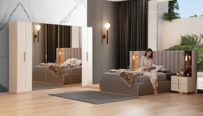 Beige bedroom set designer bed wardrobe 2x nightstands
