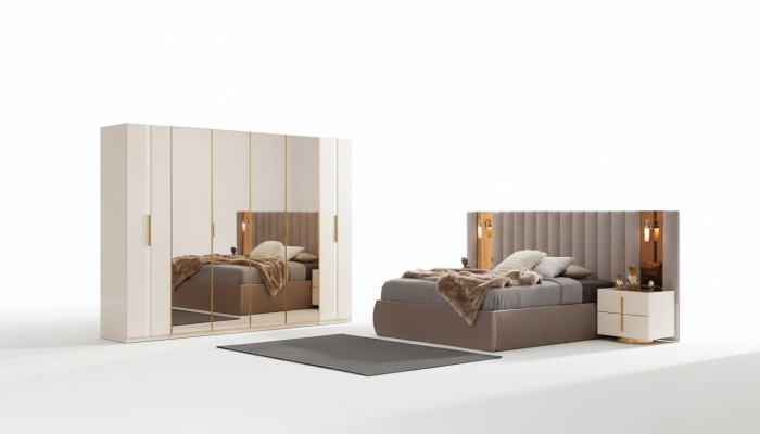 Beige bedroom set designer bed wardrobe 2x nightstands