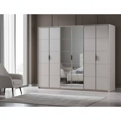 Gray wardrobe, 6-door bedroom wardrobe, luxury glass cabinets.