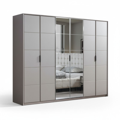Gray wardrobe, 6-door bedroom wardrobe, luxury glass cabinets.
