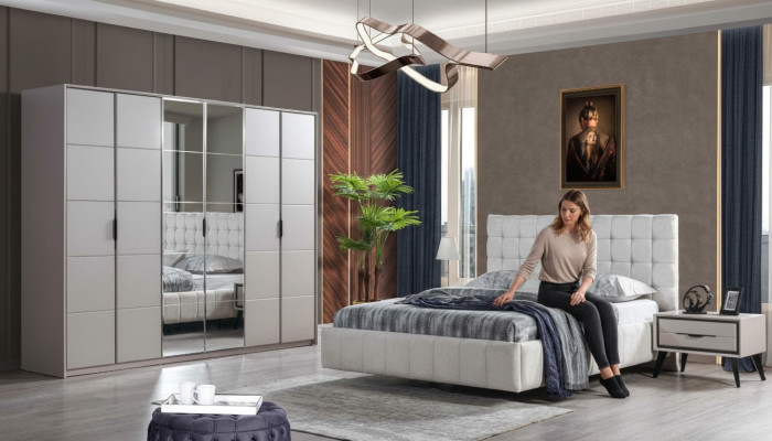 White bedroom set luxury furniture upholstered bed wooden wardrobe