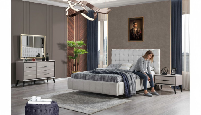 White Exclusive Bedroom with Double Bed, Designer Nightstands, Dresser