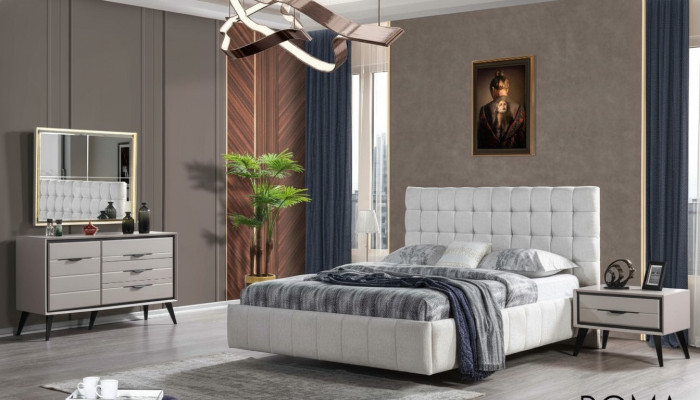 White Exclusive Bedroom with Double Bed, Designer Nightstands, Dresser