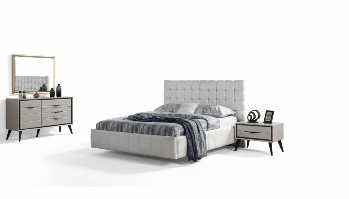 White Exclusive Bedroom with Double Bed, Designer Nightstands, Dresser