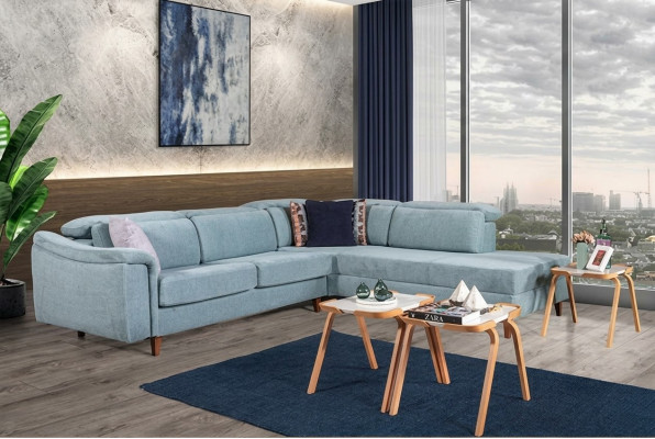Blue L-shaped corner sofa, living room upholstered couches, designer wooden frame
