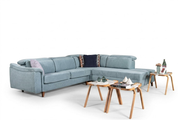 Blue L-shaped corner sofa, living room upholstered couches, designer wooden frame