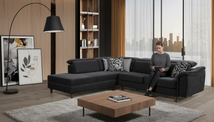 Black upholstered corner sofa L-shape couch living room living landscape new