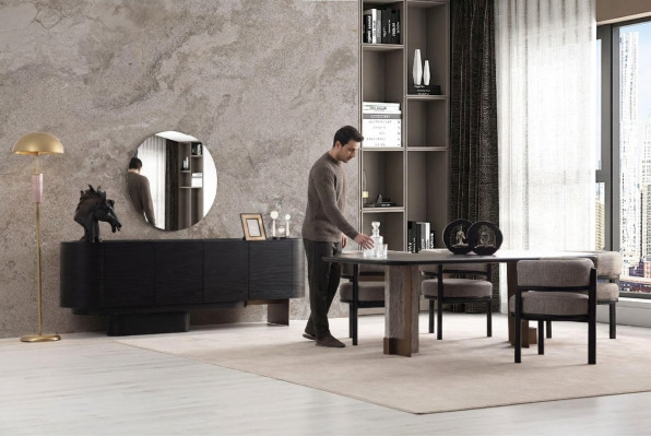 Designer dining room set, dining table, 6 chairs, sideboard, mirror, 9 pieces.